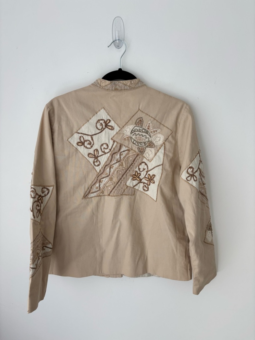 Vintage TanJay Embroidered Patchwork Jacket Beige Boho Cotton Cropped Blazer - Picture 9 of 12